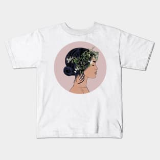 Beautiful asian woman minimalism flowers Kids T-Shirt